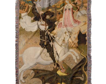Medieval Knight and Dragon Woven Tapestry, St. George renaissance painting, Castle core Knight Home decor, 100% Cotton Woven Throw Blanket