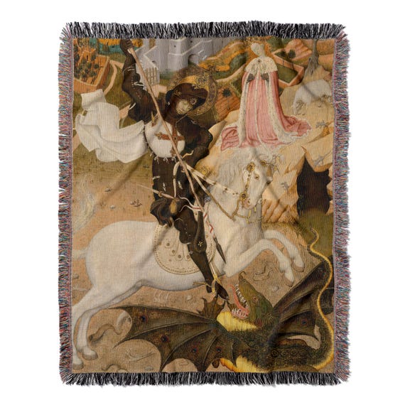 Medieval Knight and Dragon Woven Tapestry, St. George renaissance painting, Castle core Knight Home decor, 100% Cotton Woven Throw Blanket
