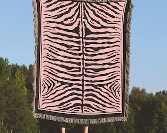 Pink Zebra Print Throw Blanket, 100% Cotton, Animal Print Woven Bedspread, Safari Home Decor, Maximal Interior design