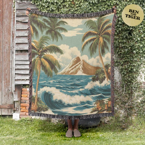 Tropical Beach Scene Woven Blanket, Beach House Decor, Hawaii