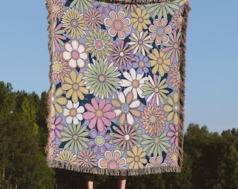 Retro Floral Woven Blanket, 60's flowers 100% Cotton Throw, Maximalism Home Decor