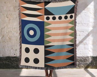 Abstract Color Block Throw Blanket, Maximalist and Colorful Geometric Modern art Woven Blanket, Retro Modern Home Decor, Mid Century Modern