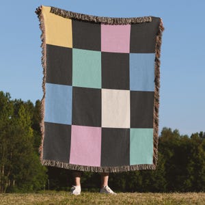Dopamine Decor color Block Woven Blanket, 100% Cotton Jacquard Throw,  Retro Modern Home Decor