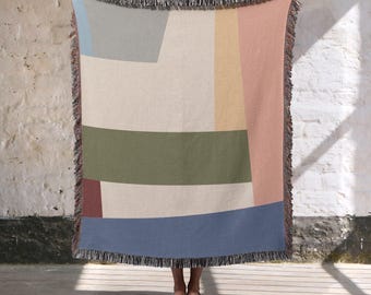 Mid-century Modern Color Block Woven Blanket, 100% Cotton MulticolorThrow, Bauhaus Home Decor