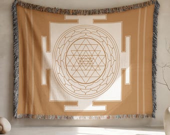 Poziomy gobelin Sri Yantra Mandala, tkany koc do medytacji jogi, koc boho, wystrój domu z energią obfitości, wystrój studia jogi