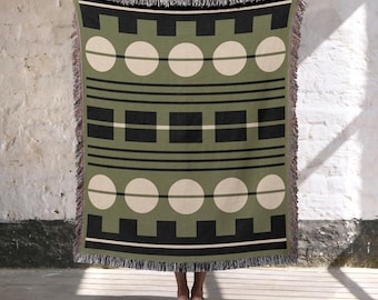 Art Deco Geo Woven Blanket, 100% Cotton Jacquard Throw, Retro Modern Home Decor