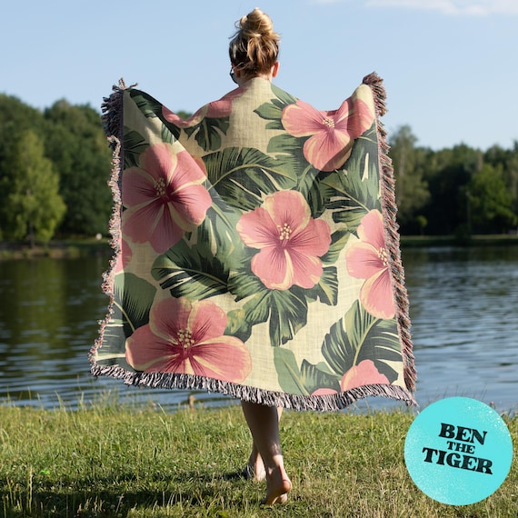 Hibiscus Flower Woven Blanket, Tropical Home Decor, Beach House