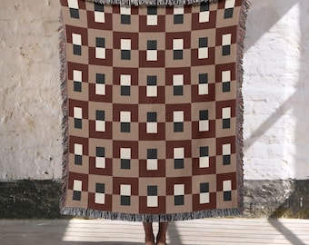 Mid-Century modern Woven Throw Blanket, 100% Cotton, Bauhaus Color Block Bedspread, Modern Home Decor,