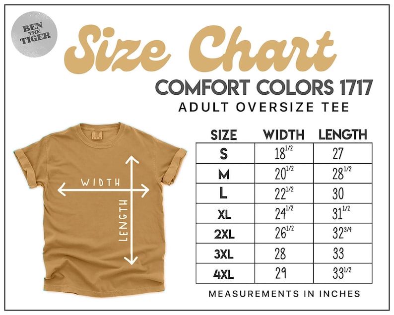 Puede incluir: Tabla de tallas para una camiseta de talla grande para adultos en Comfort Colors 1717. La tabla muestra las medidas de ancho y largo en pulgadas para las tallas S a 4XL.