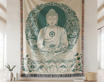 Buddha Woven Throw Blanket, Spiritual Woven Blanket with Buddha Design, Meditation Space Decor, meditation practitioner gift, Green Buddha