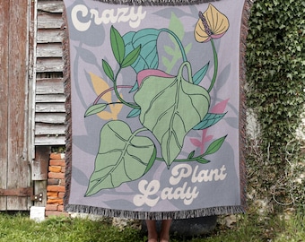 Crazy Plant Lady Woven Blanket, Botanical Throw Blanket, Plant Parenthood, Eclectic Home Decor, Gift for Plant Lovers, Funny Plant Blanket