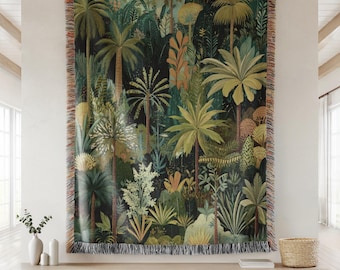 Lush Jungle Woven Blanket, 100% Cotton Throw, Folk art Style Jungle Tapestry, Tropical Home Decor