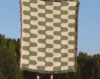 Midcentury Modern Throw Blanket, Retro wavy lines bedspread, 100% Cotton
