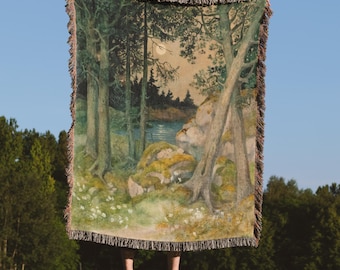 Serene Moonlit Forest Woven Blanket, Forest Core Throw Blanket, Cottagecore Tapestry, Woodland Throw, 100% Cotton