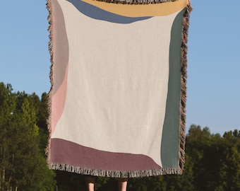 Geweven deken met moderne kunstrand, 100% katoenen jacquarddeken, eigentijds huisdecor