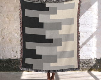 Greyscale Color Block  Woven Blanket, 100% Cotton Throw, Mid Century Modern Home Decor