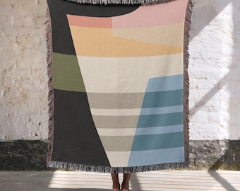 Mullticolor Abstract art Woven Throw, 100% Cotton Geometric Blanket, Contemporary Home Decor