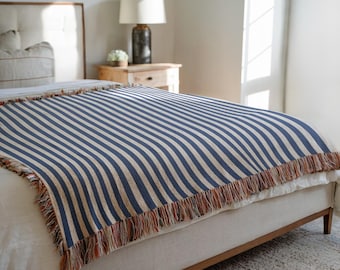 Klassische Marineblau-weiß gestreifte gewebte Decke, 100% Baumwoll-Jacquard-Tagesdecke, modernes Wohndekor