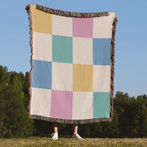 Dopamine Decor Oversize Check Woven Blanket, 100% Cotton Jacquard Throw, Memphis Style Home Decor