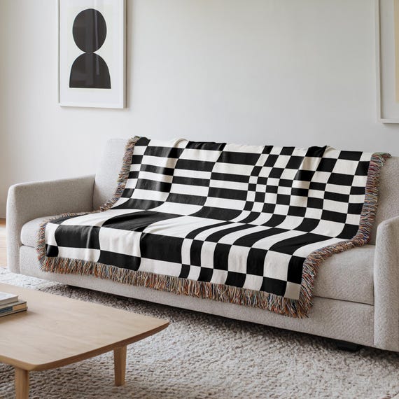Schwarz & Weiß gemischte Skala Schachbrett gewebte Decke, 100% Baumwolle, moderne Wohnkultur