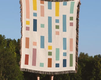 Multi-Color Modern art Stripe Woven Blanket, 100% Cotton Jacquard Throw, Bauhaus Decor