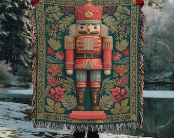 Nutcracker Woven Blanket, Cottage core Holiday Decor, Christmas Decoration Throw Blanket, Classic Folk style Nutcracker, Vintage folk style