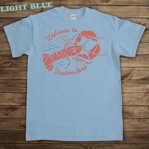 Maine Lobster Vacation Tshirt, Vintage style graphic tee, sky blue shirt