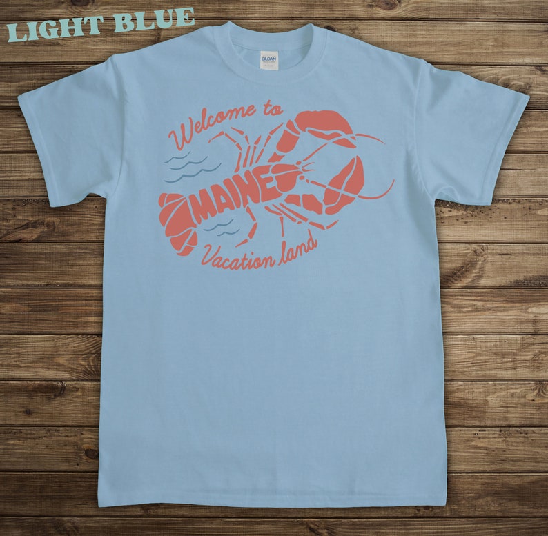 Maine Lobster Vacation Tshirt, Vintage style graphic tee, sky blue shirt