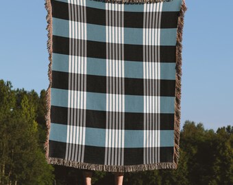 Gewebte Decke im Mid-Century-Stil mit Streifenmuster, blau-tonale Tagesdecke aus 100 % Baumwolle, moderne Wohndekoration