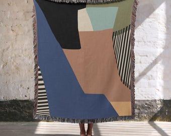 Deken met patchwork in moderne stijl, geweven plaid van 100% katoen, eigentijdse woondecoratie, cadeau voor kunstliefhebbers