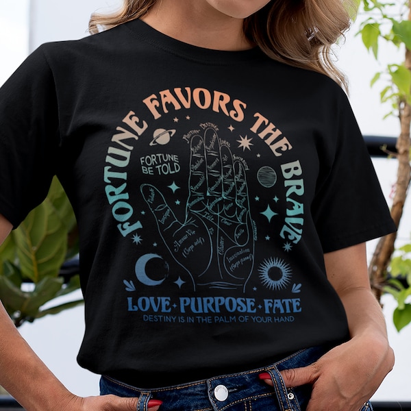 Mystical shirt, BOHO Palm Reader Shirt, Celestial T-shirt, Fortune Teller Shirt, Fortune Favors the Brave, Tarot Shirt