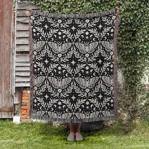 Mystical Moth & Moon Woven Blanket, BOHO Home Decor, Celestial Moth Pattern, Cottagecore Tapestry, 100% Cotton Woven Blanket, Lunar Bohemian