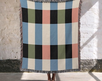 MidCentury Modern Mix Striped Throw Blanket, Colorful color block 100% Cotton woven Bedspread, MCM Home Decor
