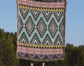 BOHO Tribal Woven Blanket, 100% Cotton Throw, Aztec Home Decor