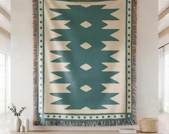 Coperta intrecciata turchese e bianca in stile sud-occidentale, 100% cotone, decorazione boho tribale