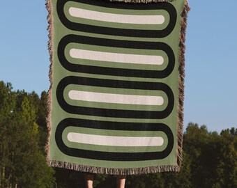 Retro Modern Woven Blanket, Mid-Century Modern Home Decor, Green Vintage Inspired Throw Blanket, Housewarming Gift, Minimalist Throw Blanket