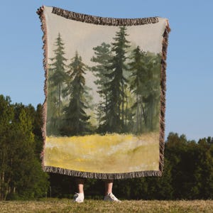 Serene Pine Tree Forest Woven Blanket, Forest Core Throw Blanket, Cottagecore Tapestry, Woodland Throw, Cabin Decor, 100% Cotton Throw, PNW