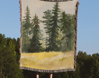 Manta tejida con un bosque de pinos serenos, manta con núcleo forestal, tapiz cottagecore, manta de bosque, decoración de cabaña, manta 100 % algodón, PNW