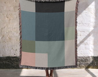 Minimalist Color Block Woven Blanket, 100% Cotton Throw, Contemporary Home Decor