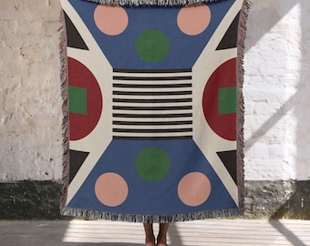 Abstract Color Block Woven Blanket, 100% Cotton Throw, Geometric Modern art, Contemporary Home Decor