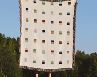 Modern Woven Blanket with Multicolor color blocks, 100% Cotton Throw, Jacquard Bedspread, Bauhaus Style Home Decor