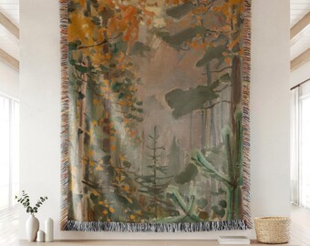 Painterly Woodland Woven Blanket, Forest Core Nature Throw for Home Decor, Cabin Decor, Nature Themed Woven Throw, Rustic Cottagecore Decor