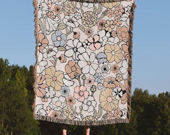 Modern Floral Woven Blanket, Retro flowers 100% Cotton Throw, Artistic Home Decor