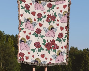 Cupid with Hearts & Roses Woven Blanket, 100% Cotton Throw, Valentines Day Home Decor