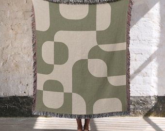 Midcentury Modern Woven Blanket, 100% Cotton Overlapping shapes Throw Blanket, Green and Off white Home Decor