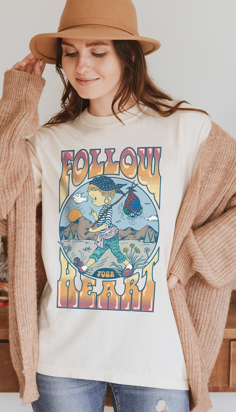 Follow Your Heart Positive Message Shirt, Nomad Hobo Girl Graphic Tshirt, Hippie Girl in the Outdoors, Comfort Colors BOHO Festival Tee