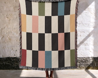 MidCentury Modern Mix Striped Throw Blanket, Colorful Checkered 100% Cotton woven Bedspread, Abstract Maximalist Home Decor