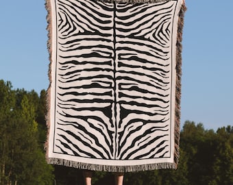 Zebra Print Throw Blanket, 100% Cotton, Animal Print Woven Bedspread, Exotic Home Decor, Safari Interior design