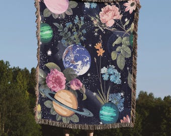 Astronaut Floral 100% Cotton Woven Blanket, Space Lover Gift