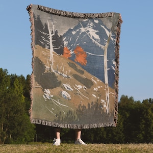 Rustic Nature Woven Blanket, Mountain Artwork Forest Core Throw Blanket, Majestic Mountain Cottagecore Tapestry, 100% Cotton Throw Blanket
